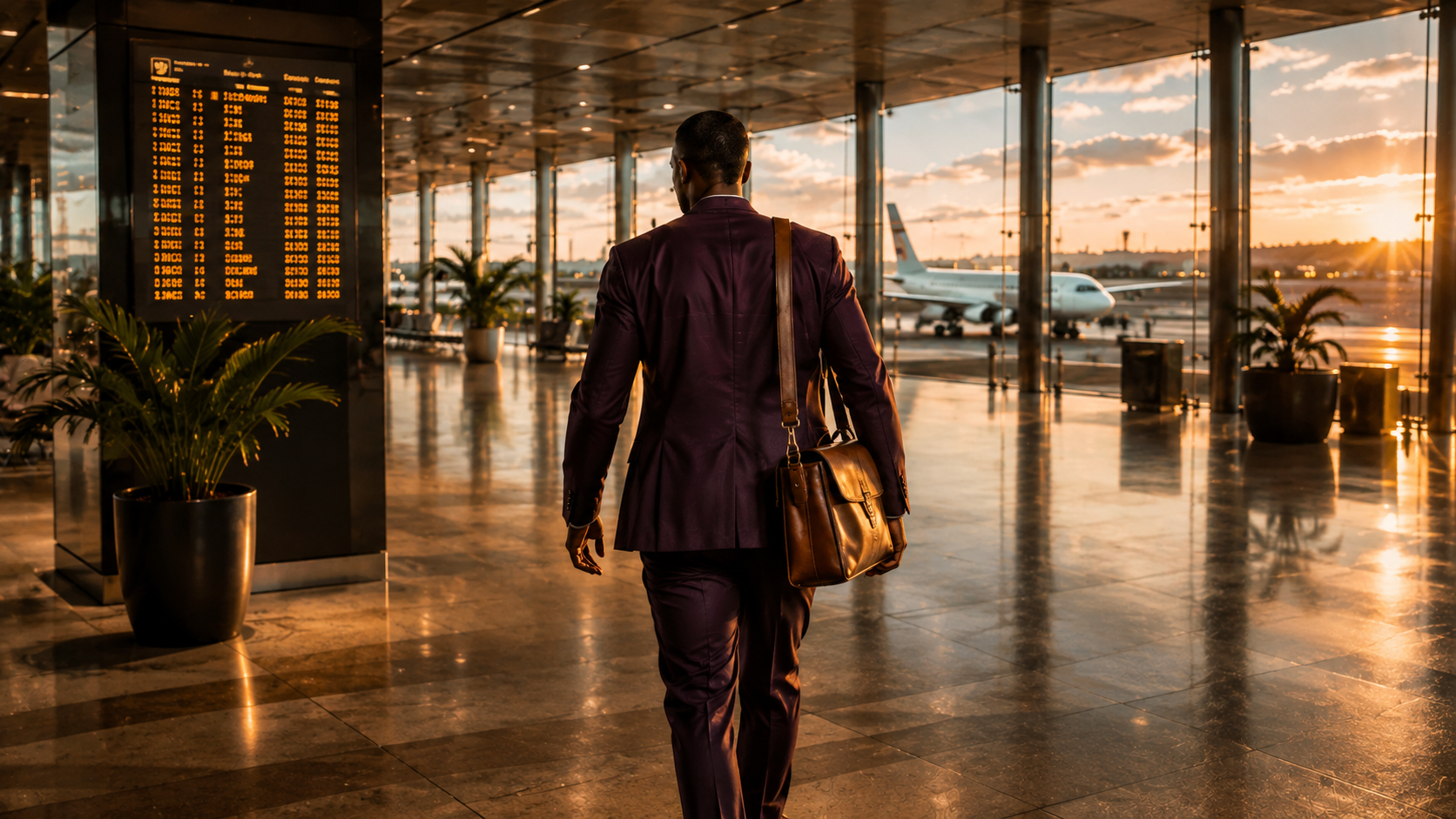 A traveller walking through an airport terminal towards aircraft at sunrise