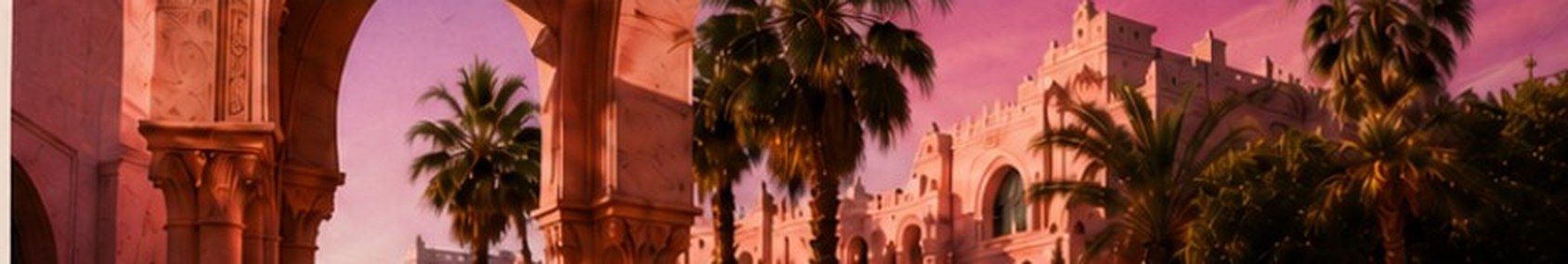 Pink and terracotta arches framed by palm trees at dusk