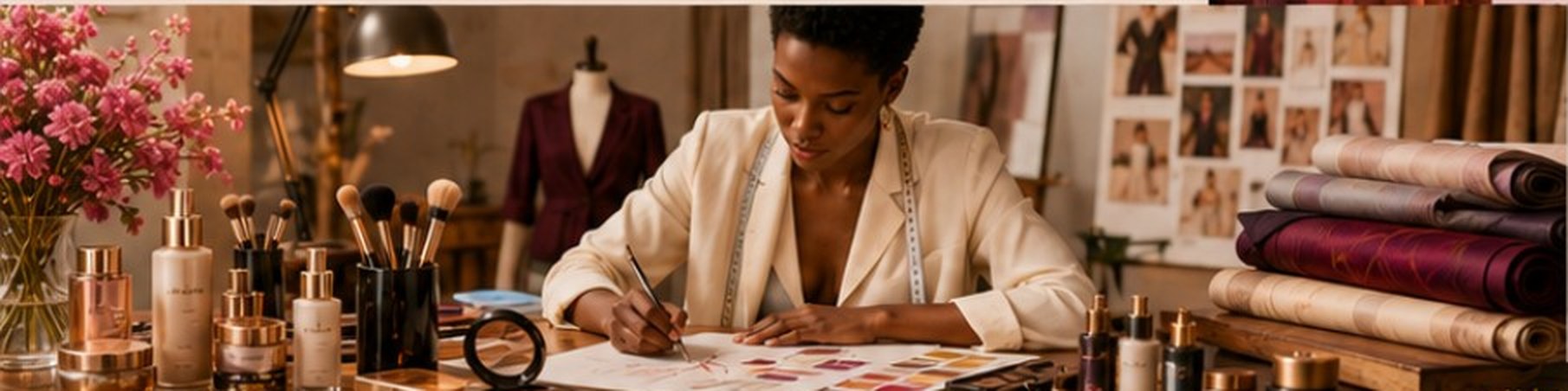 A woman in a cream blazer sketching at a studio table set with beauty products, brushes and fabric