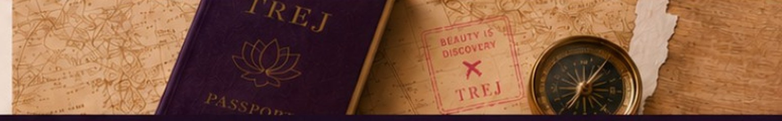 A deep aubergine TREJ passport resting on a vintage map beside a brass compass and a stamped card